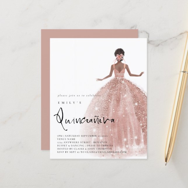 Lámina Rosa de presupuesto Gold Gown Dark Hair QR Quincea (Anverso/Reverso In Situ)