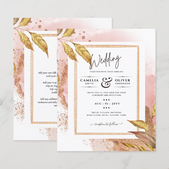 Lámina ROSA DE PRESUPUESTO Oro Saltos Boda Invitar Código (Anverso / Reverso)