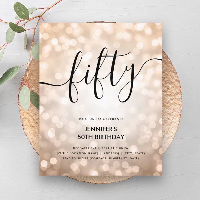 Lámina ROSA DE PRESUPUESTO Purpurina de oro enciende 50 c (BUDGET Rose Gold Glitter Lights 50th Birthday )