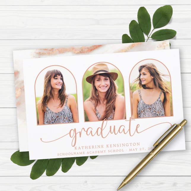 Lámina ROSA DE PRESUPUESTO Relieve metalizado dorado Márm (BUDGET Rose Gold Foil Marble 3 Photo Graduation Announcement)