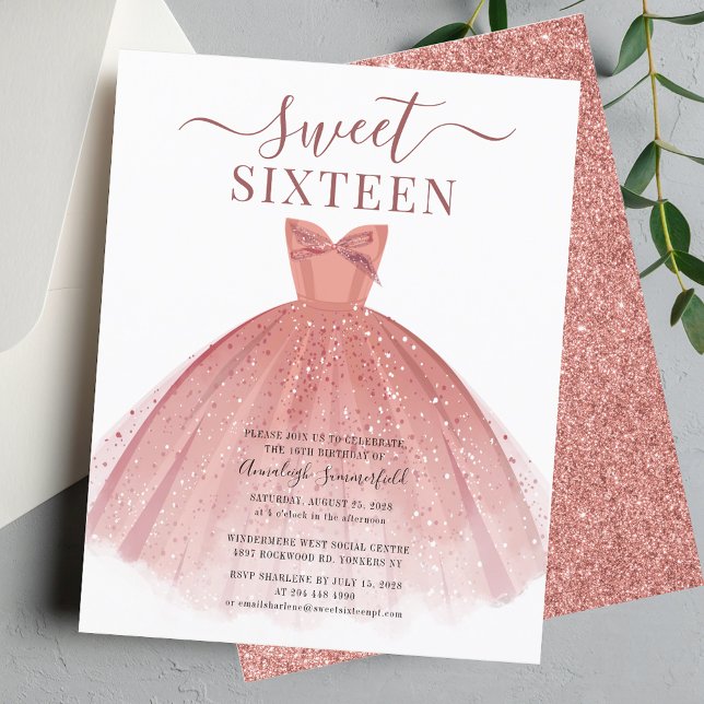 Lámina Rosa de presupuesto Vestido de oro Purpurina Dulce (Sweet 16 Rose Gold Glitter Birthday Sixteenth Birthday Invitation)
