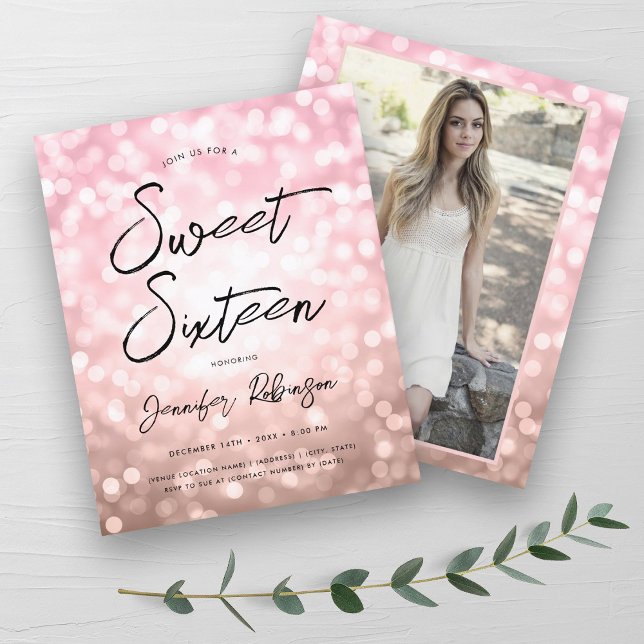 Lámina Rosa económico moderno foto de oro dulce 16 invita (Budget Modern Rose Gold Photo Sweet 16 Invite)