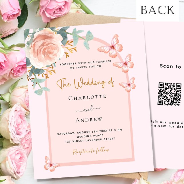 Lámina Rosa florines de oro arco QR RSVP boda de presupue (Subido por el creador)