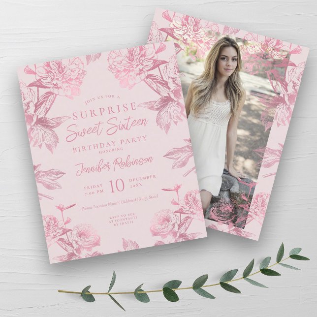 Lámina Rosa Gold Rubor Floral SURPRISE Dulce 16 Invite (Rose Gold Blush Floral SURPRISE Sweet 16 Invite)