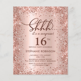 Lámina Rosa Gold Shhh Sorpresa Sweet 16 Invitación de cum