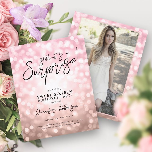 Lámina Rosa Luces de Oro Foto Surprise Sweet 16 Invitacio (Rose Gold Lights Photo Surprise Sweet 16 Invites )