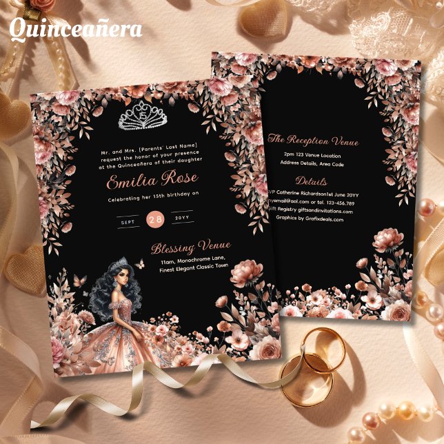 Lámina Rosa Oro Negro Quinceanera Vestidos Rosas Florales (Subido por el creador)