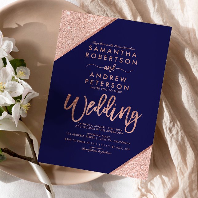Lámina Rosa purpurina de oro boda de presupuesto azul mar (Rose gold glitter typography navy blue wedding invitation)