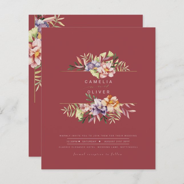 Lámina Rosa Red Summer Floral Wedding Invitar código QR (Anverso / Reverso)