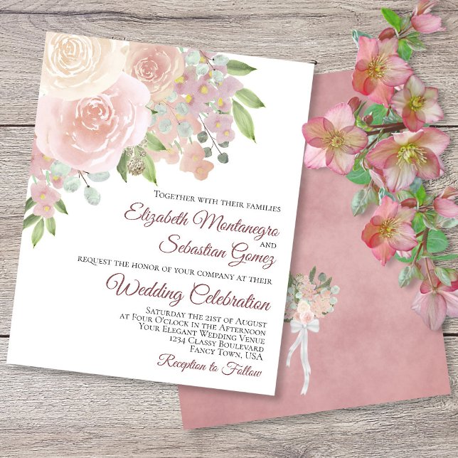 Lámina Rosa Rosa Elegante Boho BUDGET Invitación a la bod (In Situ Front/Back)