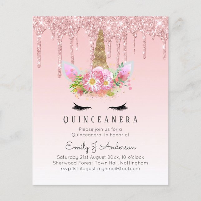 Lámina Rosa rosa unicornio Purpurina de Oro QUINCEANERA (Anverso)