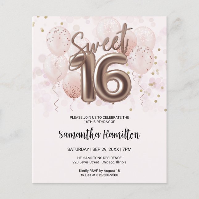 Lámina Rosa Sweet 16 Bday Balloons Invitación a Budge ros (Anverso)