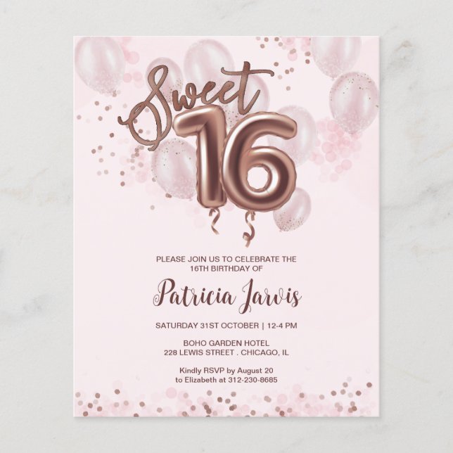 Lámina Rosa Sweet 16 Bday Balloons Invitaciones presupues (Anverso)