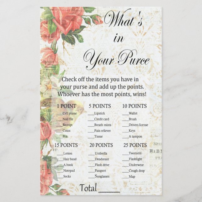 Lámina Rosa Vintage ¿Qué hay en tu bolso? (Anverso)