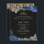Lámina Rosas azules negros de presupuesto invitan a los d<br><div class="desc">Elegante presupuesto Rosas azules vintage mariposas Black Gold Lace Sweet 16 cumpleaños Invitación</div>