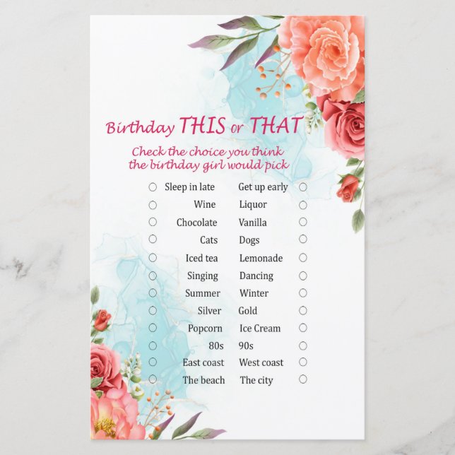 Lámina Rosas Cumpleaños Este o Ese Juego (Anverso)