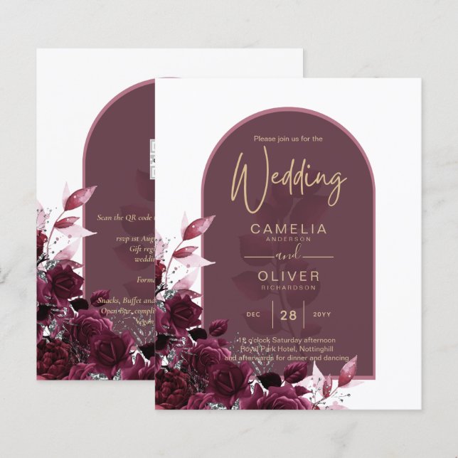 Lámina Rosas de Borgoña de Vino InVITADO de Boda de Texto (Anverso / Reverso)