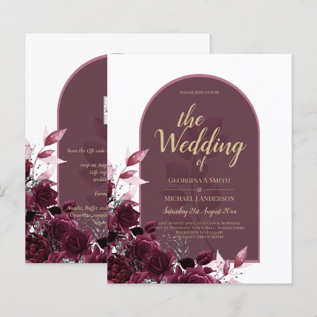 Lámina Rosas de Borgoña de Vino InVITADO de Boda de Texto (Anverso / Reverso)