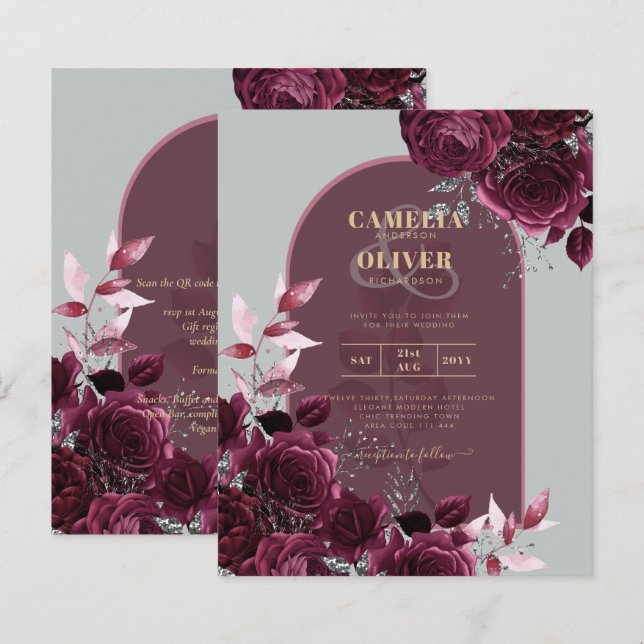 Lámina Rosas de Borgoña de Vino InVITADO de Boda de Texto (Anverso / Reverso)