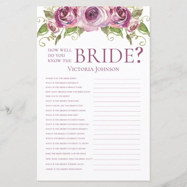 Lámina Rosas De Lavanda ¿Qué Tan Bien Conoce A La Novia? (Anverso)