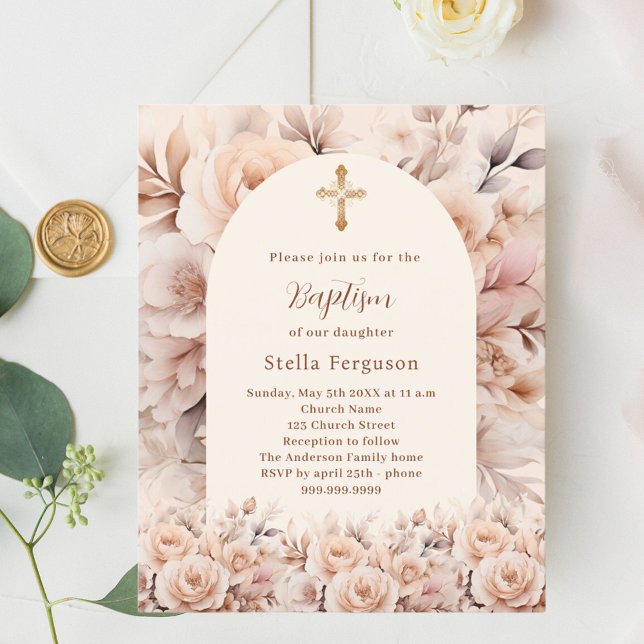 Lámina Rosas de melocotón crema floran invitación al baut (Subido por el creador)