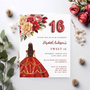 Lámina Rosas de vestimenta dorada roja Sweet 16 invitació