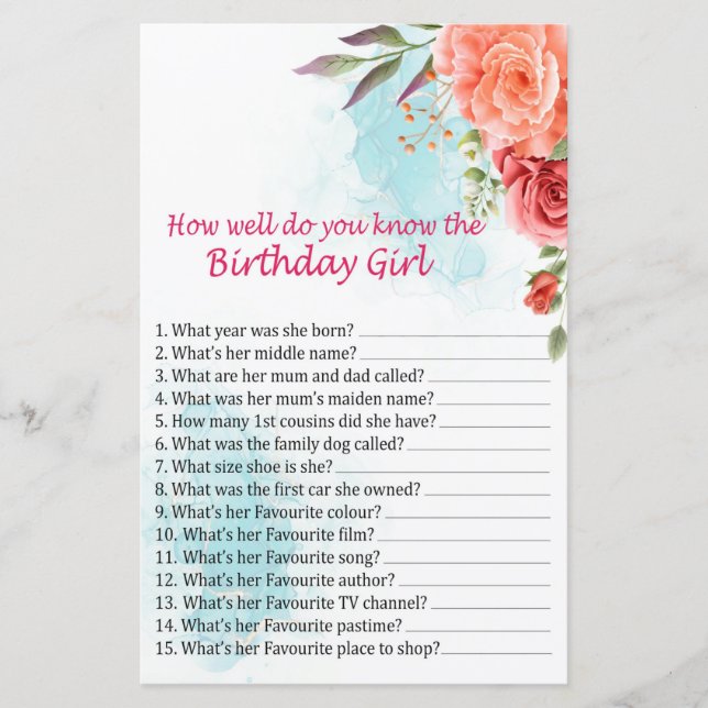 Lámina Rosas ¿Qué tan bien conoces al chica de cumpleaños (Anverso)