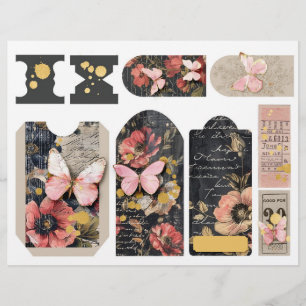 Lámina Rosas y mariposas: Etiquetas de periódico basura d