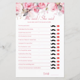 Lámina Rose Pink Bridal Shower Game He Said She Said