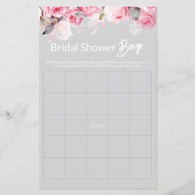 Lámina Rose Pink Floral Gray Bridal Shower Game BINGO (Anverso)