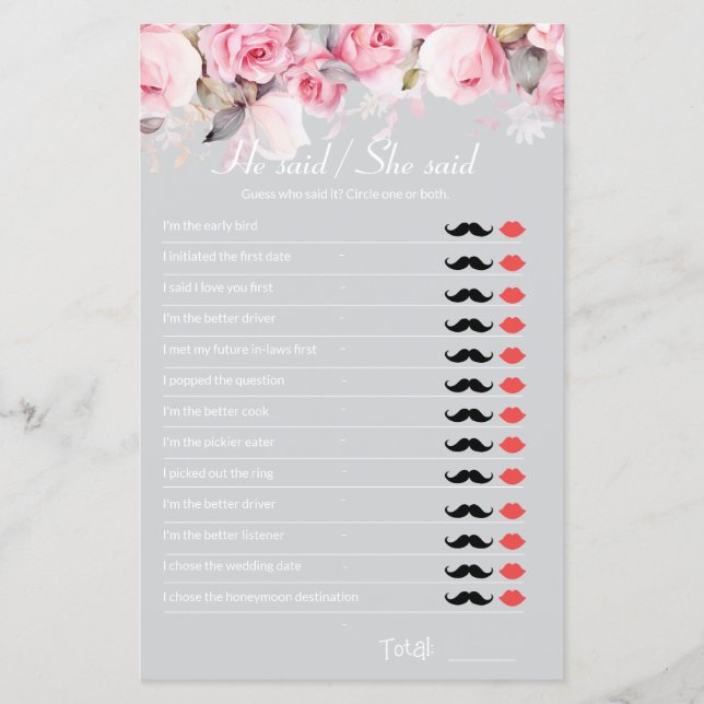 Lámina Rose Pink Gray Bridal Shower Game He Said She Said (Anverso)