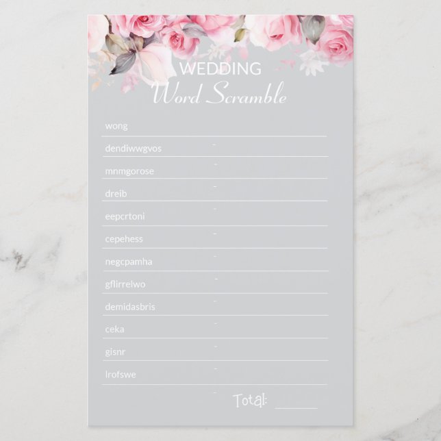 Lámina Rose Pink Gray Bridal Shower Word Scramble Game (Anverso)