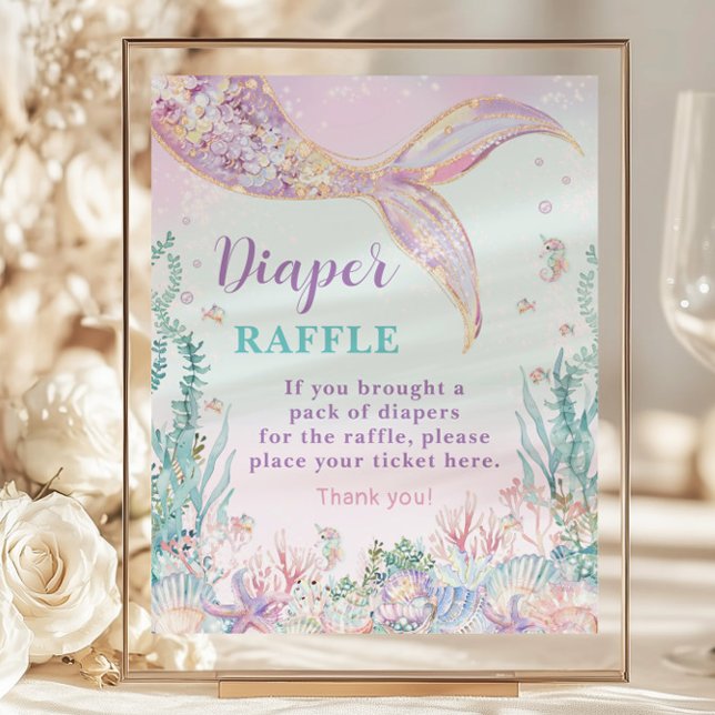 Lámina Rótulo Baby Shower Diaper Raffle con sirena de pre (whimsical-ethereal-rainbow-under-the-sea-mermaid-tail-budget-cheap-diaper-raffle-sign-paper-sheet)