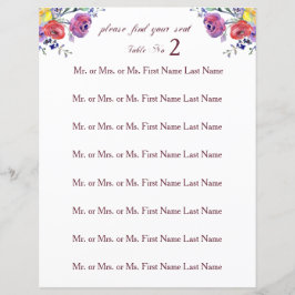 Lámina Rótulo de asiento de mesa Boda de acuarela floral
