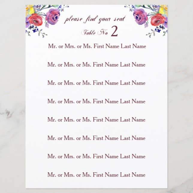 Lámina Rótulo de asiento de mesa Boda de acuarela floral (Anverso)