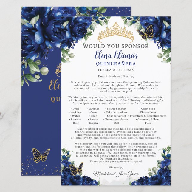Lámina Royal Blue Quinceanera 15 Sponsor Request Letter (Anverso / Reverso)