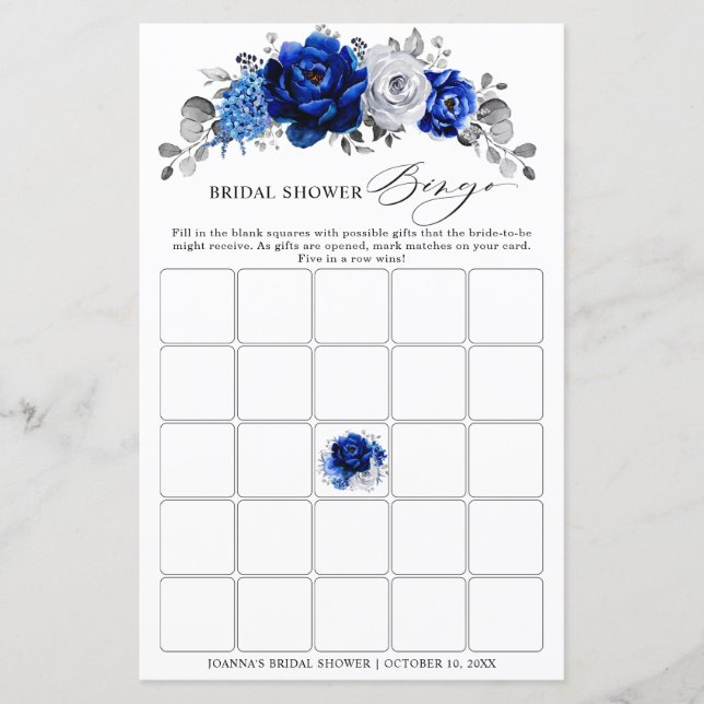 Lámina Royal Blue White Silver Floral Bridal Shower Bingo (Anverso)