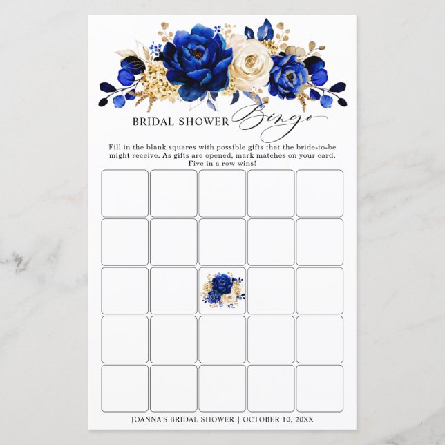 Lámina Royal Blue Yellow Gold Floral Bridal Shower Bingo (Anverso)