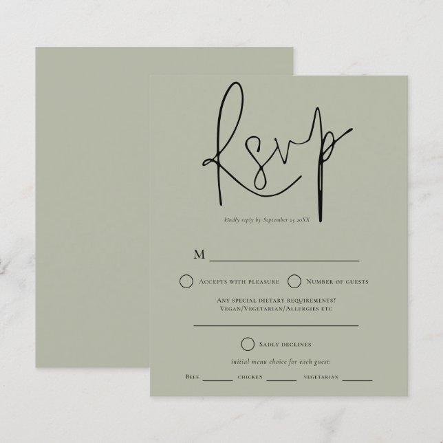 Lámina RSVP de la boda verde del guión del presupuesto (Anverso / Reverso)