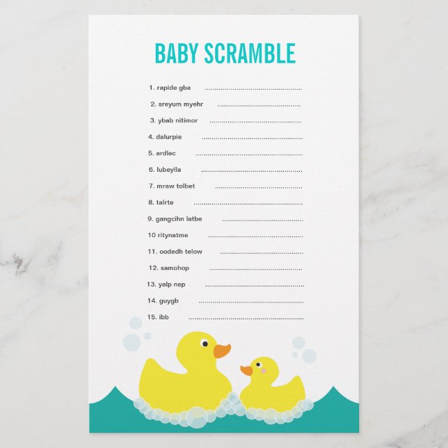 Lámina Rubber Ducky Baby Word Scramble Game (Anverso)