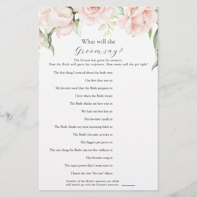 Lámina Rubor Floral What Do Groom Say Bridal Shower Game (Anverso)