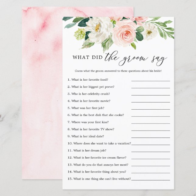Lámina Rubor Floral What Do The Groom Say Game Cards (Anverso / Reverso)
