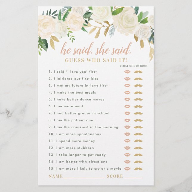 Lámina Rubor Gold Floral Dijo Que Dijo Que El Juego De La (Anverso)