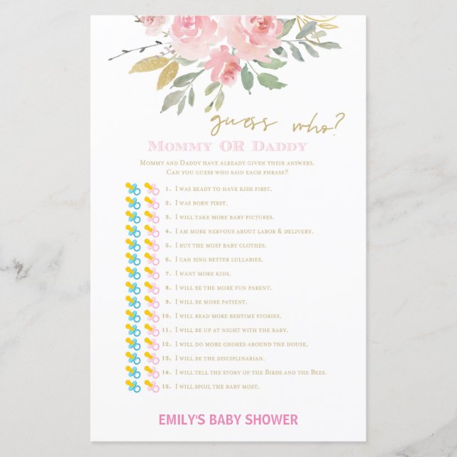 Lámina Rubor Pink and Gold Baby Shower Game PRINTED (Anverso)