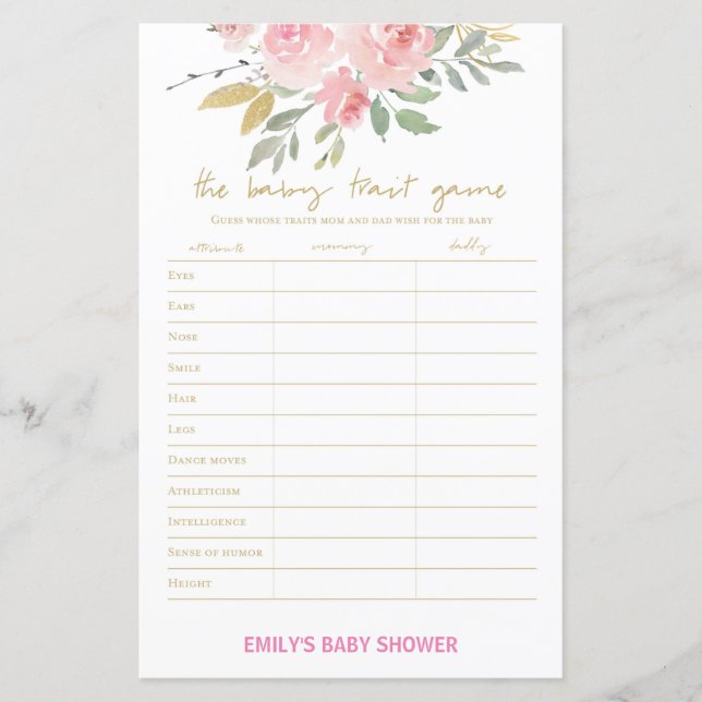 Lámina Rubor Pink and Gold Baby Shower Game PRINTED (Anverso)