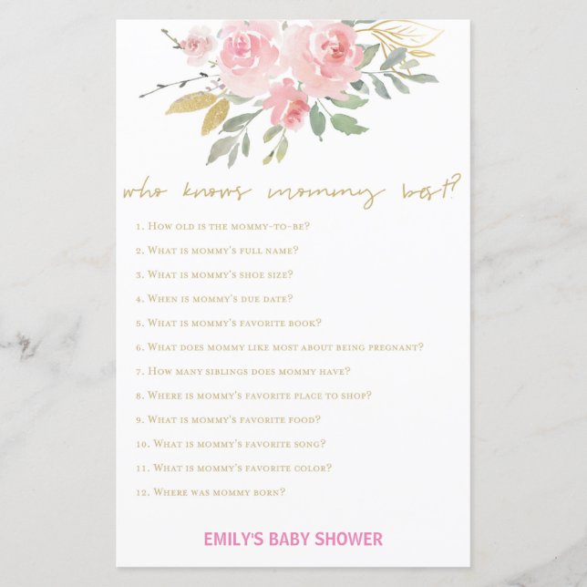 Lámina Rubor Pink and Gold Baby Shower Game PRINTED (Anverso)