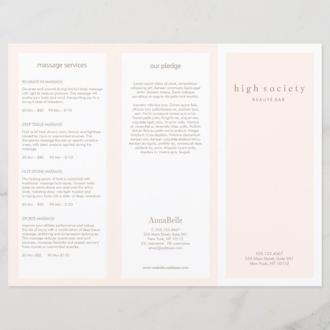 Lámina Rubor Pink Beauty Hair Salon Spa TriFold Brochure (Anverso)