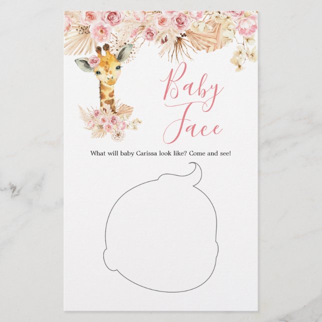 Lámina Rubor Pink Boho Giraffe Baby Shower Baby Face (Anverso)
