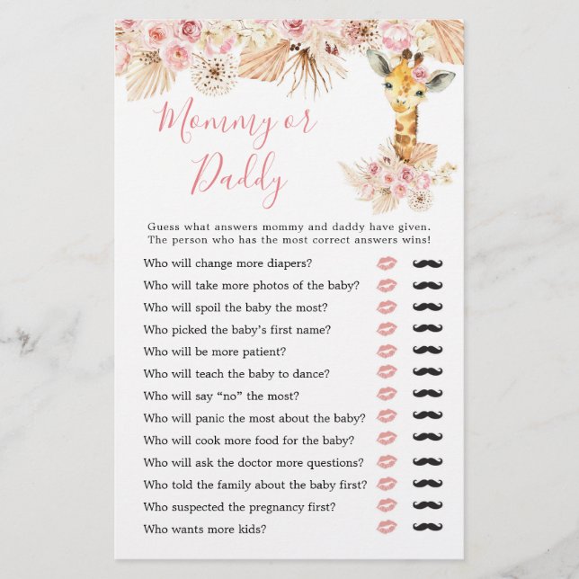 Lámina Rubor Pink Boho Giraffe Baby Shower Mommy or Daddy (Anverso)