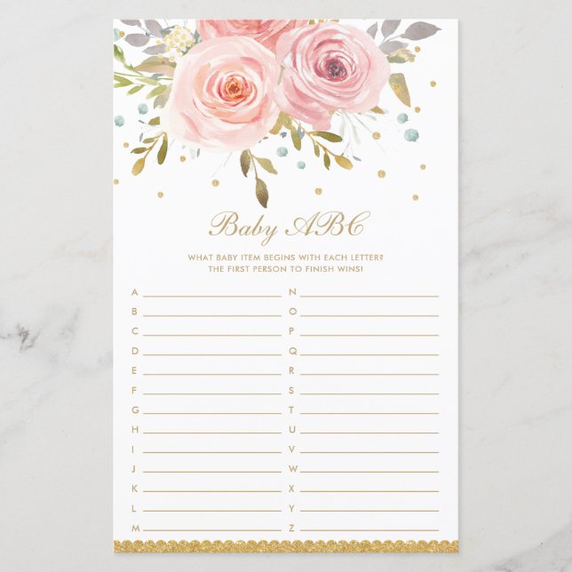 Lámina Rubor Pink Floral Baby ABC Fun Baby Shower Juego (Anverso)